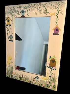 Vintage Hand Painted Framed Mirror Garden Floral Birdhouse 12"x16" Cottage Core